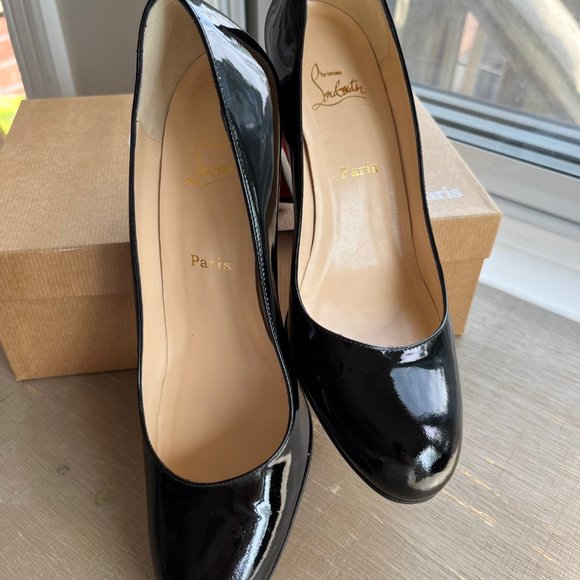Christian Louboutin Miss Tack 70 Black Patent Leather Block Heel Pumps - Picture 7 of 8